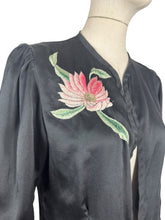 Load image into Gallery viewer, Original 1930’s Inky Black Silk Evening Jacket with Pink and Green Floral Embroidery - Bust 34 35
