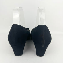 Load image into Gallery viewer, Original 1940&#39;s Black Suede Devonshire Court Shoes with Cutout Front and Bow Trim - Size 4.5
