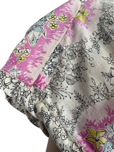 Original Late 1940's Ritchwear Floral Cotton Stripe Day Dress in White, Black, Pink, Yellow and Blue - Bust 37