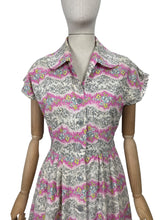 Load image into Gallery viewer, Original Late 1940&#39;s Ritchwear Floral Cotton Stripe Day Dress in White, Black, Pink, Yellow and Blue - Bust 37
