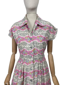 Original Late 1940's Ritchwear Floral Cotton Stripe Day Dress in White, Black, Pink, Yellow and Blue - Bust 37