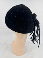 Load image into Gallery viewer, Original 1950's Stylish French Black Felt Hat with Polka Dots and Tassel Trim by Isaure PARIS
