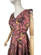 Load image into Gallery viewer, Original 1950&#39;s Salmon Pink Grosgrain Full Circle Day Dress with Bold Floral in Yellow, White and Black Flock - Bust 36
