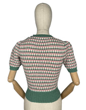 Load image into Gallery viewer, Reproduction 1940&#39;s Waffle Stripe Jumper in Slate Green, Pale Pink and White - Bust 33 34 35
