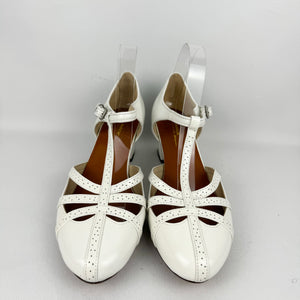 Re-Mix Starlet 1920's 1930's T-Strap Sandals in Ivory Leather - UK Size 9