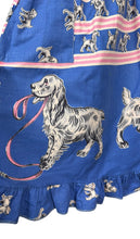 Load image into Gallery viewer, Original 1950&#39;s Bright Cotton Novelty Print Frilly Pinny with Spaniel Dogs on Blue - Waist 30
