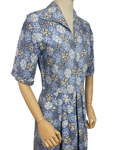 Original 1940's CC41 Heavy Linen Day Dress in Blue, Black and White - Bust 34