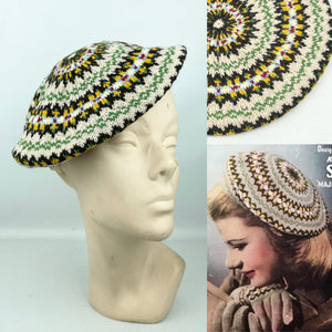 Reproduction 1940's Pure Wool Fair Isle Beret - Wonderful Design Featuring Eight Different Colours