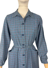 Load image into Gallery viewer, Original 1940’s 1950's Blue, Red, Pink and Green Plaid Cotton Long Sleeved Belted Chore Dress with Pockets - Bust 38
