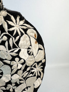 Original 1920's Black Cotton and Ivory Silk Embroidered Circular Bag *