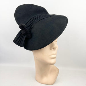 Original 1940's Black Felt Hat with Pleated Crown and Triple Pom-pom Trim *