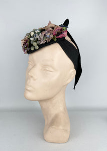 Original 1940’s Black Topper Hat with Pastel Flowers in Pink, Purple and Blue and Huge Bow Trim