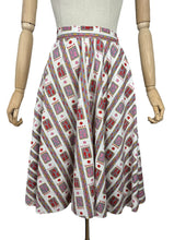 Load image into Gallery viewer, Original 1950&#39;s Full Circle Skirt in Abstract Print of Pink, Red, Mustard and Grey on White - Waist 27&quot;
