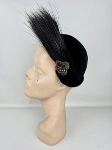 Original 1940's 1950's Black Felt Joseph's Inc Hat with Beaded Crown and Feather Trim