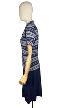 Load image into Gallery viewer, Original 1940's Navy Blue and Grey Linen Stripe Day Dress - Bust 36
