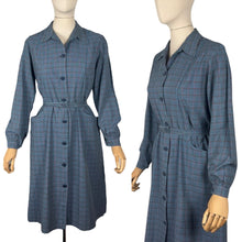 Load image into Gallery viewer, Original 1940’s 1950's Blue, Red, Pink and Green Plaid Cotton Long Sleeved Belted Chore Dress with Pockets - Bust 38
