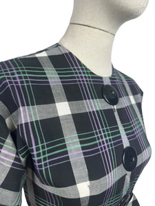 Original 1950's Black, Purple, White and Teal Plaid Cotton Belted Day Dress - Bust 32 34 *