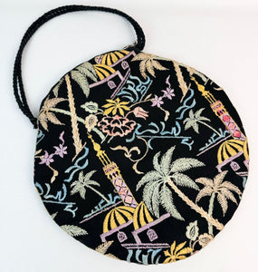 Original 1920's Black Cotton Bag with Vibrant Silk Embroidery of Flowers, Palm Trees and Buildings *