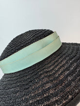Load image into Gallery viewer, Original Late 1940's Black Straw Hat with Seafoam Green Grosgrain Trim *
