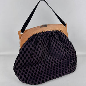 Original 1920's 1930's Dark Purple Silk Bag with Inky Black Flock Detailing and Wooden Frame