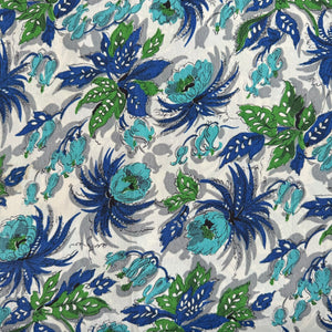 Original 1940's Ivory, Green and Blue Floral Crepe Dressmaking Fabric - 35" x 140"