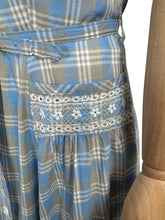 Load image into Gallery viewer, Original 1950&#39;s Blue, Brown and White Embroidered Check Belted Dress - Bust 36 38
