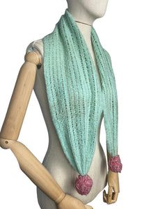 Original 1940's Hand Knitted Wool Scarf with Pretty Pom-pom Trim in Green & Pink