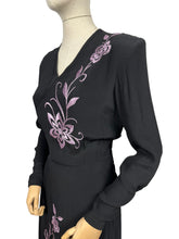 Load image into Gallery viewer, Original 1940&#39;s Black Satin Backed Crepe Long Sleeved Cocktail Dress with Lilac Purple Floral Silk Embroidery - Bust 36 38
