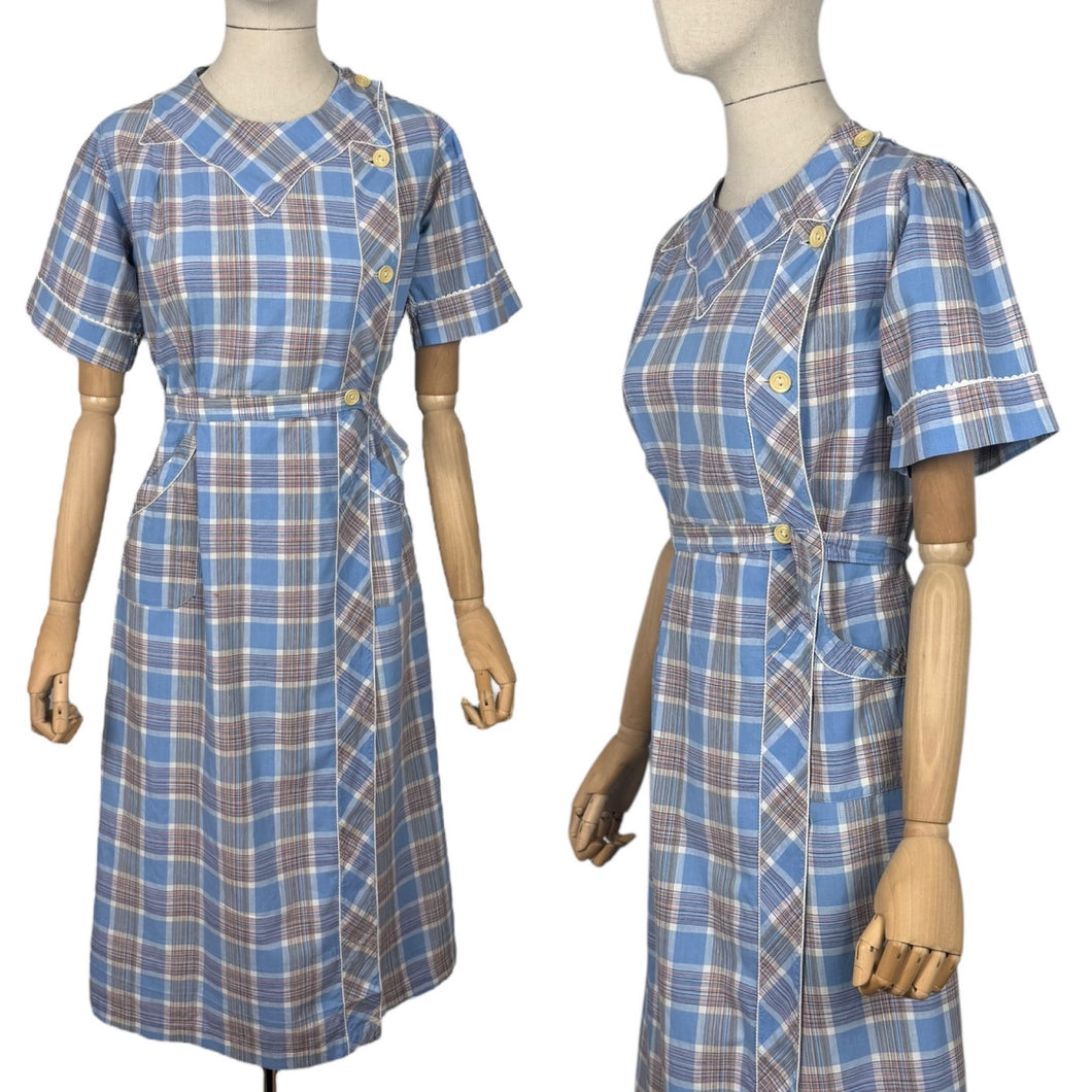 Original Early 1930's Blue, White, Red and Yellow Cotton Chore Dress - Bust 34 36