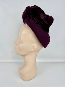 Original Late 1930’s Early 1940’s French Wine Felt and Silk Velvet High Hat