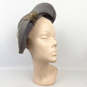 Original 1930's Dove Grey Side Tilt Hat with Large Oversized Velvet Bow Trim *