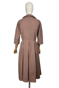 Original 1950’s Stylish Warm Brown Slub Linen Day Dress - Bust 36 *