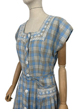 Load image into Gallery viewer, Original 1950&#39;s Blue, Brown and White Embroidered Check Belted Dress - Bust 36 38
