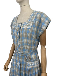 Original 1950's Blue, Brown and White Embroidered Check Belted Dress - Bust 36 38