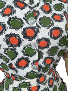 Original 1950's White, Orange, Green and Black Barkcloth Blouse and Skirt Suit - Bust 38 *