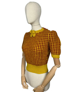 Reproduction 1940's Waffle Stripe Jumper in Cognac and Mustard Knitted from a Wartime Pattern - Bust 36 38 40