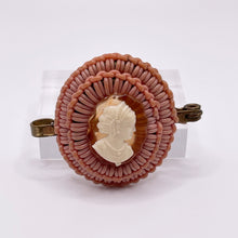 Load image into Gallery viewer, Original 1940&#39;s Dusky Pink Wartime Make Do and Mend Wire Brooch with Cameo Button Middle

