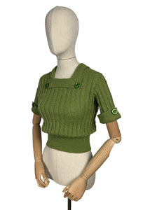 1930's Reproduction Pretty Wool Knit with a Neat Collar and Button Detail in Turtle Green - Bust 34 36
