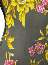 Load image into Gallery viewer, Original 1940's Dark Grey Floral Print Pink and Mustard Crepe Day Dress with Peplum - Bust 34 35 *
