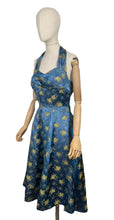 Load image into Gallery viewer, Original 1950&#39;s Blue and Gold Halterneck Cocktail Dress - Bust 36 37 *

