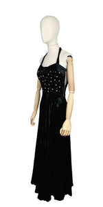 Original 1950’s Black Velvet Halterneck Full Length Evening Dress with Beaded Bodice - Bust 32 33