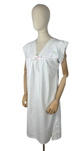 Antique Edwardian Crisp White Cotton Shift with Broderie Anglaise and Peach Ribbon Trim