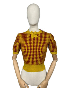 Reproduction 1940's Waffle Stripe Jumper in Cognac and Mustard Knitted from a Wartime Pattern - Bust 36 38 40