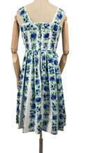 Load image into Gallery viewer, Original 1950&#39;s White and Blue Floral Stripe Cotton Dress Made in France - Bust 34 35 *
