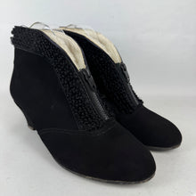 Load image into Gallery viewer, Original 1940's 1950's Inky Astrakhan Trimmed Suede Boots with Zips - Uk 5 or 5.5
