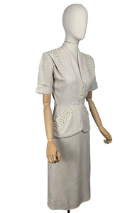 Original 1940's or 1950's Moygashel Linen Summer Suit with Beading and Soutache - Bust 34 35 *