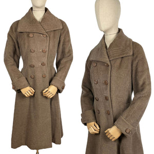 Original 1950's Fit and Flair Double Breasted Princess Coat in Light Brown Wool - Bust 36 38