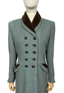 Original 1940's CC41 Brown and Blue Herringbone Wool Double Breasted Coat - Bust 36