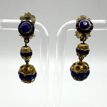 Load image into Gallery viewer, Original 1930&#39;s 1940&#39;s Blue Glass Clip on Dangle Earrings on Gold Tone Metal
