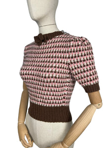 Reproduction 1940's Waffle Stripe Jumper in Chocolate Brown, Pale Pink and Cream - Bust 33 34 35